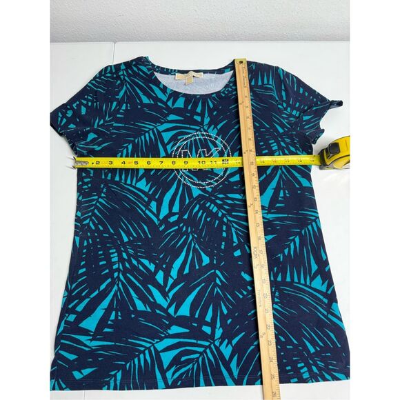 MICHAEL KORS Turquoise Navy PALM Printed Women’s Cotton T-shirt Sequins Logo SzL - Picture 4 of 7
